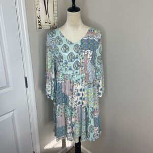 RolyPoly Boho Patchwork Floral Dress Small Blue Paisley Tiered